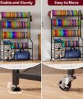 Five Tier Disc Golf Storage Rack With Angled Shelves And Hooks On Wheels, Heavy Duty Disc Organizer for home use.