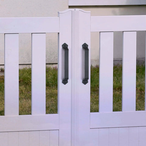 Installed view of Barn Door Handle Set Eleven And One Eighth Inch Built Tough Rustic Cast Iron Gate Pulls In Black Ultra Durable Heavy Duty