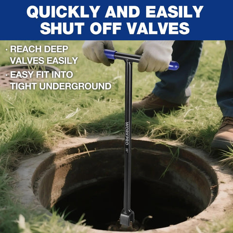 Heavy Duty 28 Inch Water Meter Key With 4 Way Utility Key And Non Slip T Handle For Extended Reach Shut Off Curb Valves Ideal For Outdoor Underground Water Valves And Rural Municipal Use in use over an underground valve