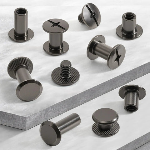 Kickass 155 Piece Black Chicago Screws And Leather Rivets Kit With Assorted M4 And M5 Sizes, carbon steel fasteners on surfaces.