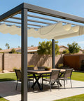 7' x 12' Retractable Wave Sun Shade Sail for patio, visible on a pergola in a backyard, beige breathable polyethylene fabric.