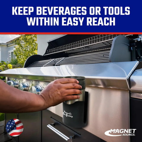 Heavy Duty Magnetic Cup Holder Caddy For Bottles Cups Mugs And Cans Plus Small Tools Attaches To Fridge Toolbox Cart Lawn Mower Forklift Or Ladder With A Super Strong Magnet For Easy Reach holding a mug on a grill