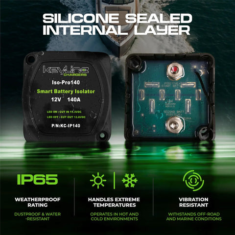 Dual Battery Isolator Kit 12V with 140 Amp voltage sensitive relay, front and back view, silicone sealed internal layer, IP65 rating.