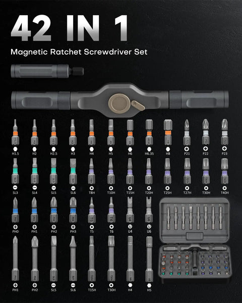 42 In 1 Magnetic Screwdriver Set With T Handle Ratchet S2 Steel Bits for electronics repair and DIY projects, displayed in case.
