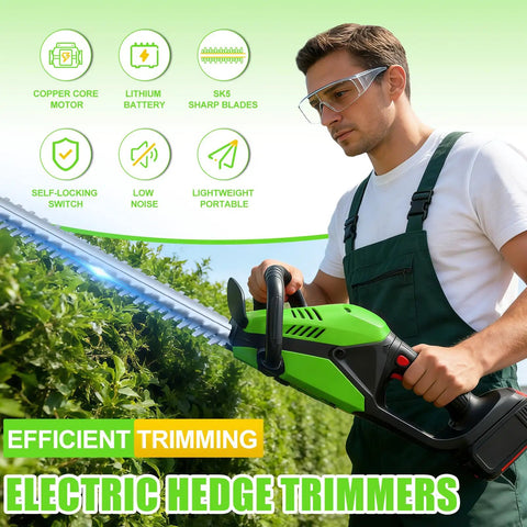Man using cordless 21V hedge trimmer with battery and charger, 20-inch dual action steel blade 12000 RPM for garden trimming
