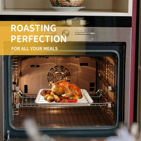 Chicken roasting in oven on 40 Pack Disposable Aluminum Broiler Pans, 13.38 by 8.81 by 1.06 Inches, Thick Aluminum Foil