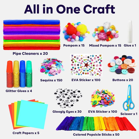All-In-One Kids Arts And Crafts Kit With Glitter Glue Sticks, Pipe Cleaners, Pom Poms And Craft Tools For DIY Projects, Perfect Gift For Girls And Boys Aged 4 Plus, Sparks Creativity And Fun For Busy Craft Time featuring various colorful craft items