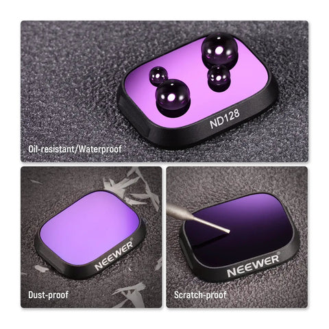 ND Filter Set For DJI Mini 3 And Mini 3 Pro 6 Pack With CPL ND8 ND16 ND32 ND64 ND128, ND128 shown with water resistance display.
