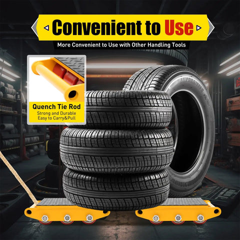 Heavy Duty Machine Dolly Skate 15 Ton Capacity Roller Cargo Trolley With Non Slip Belt for moving stacked tires in garage.