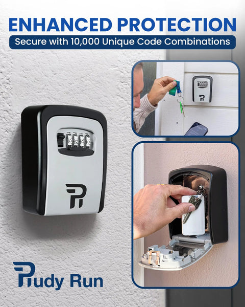 Beefy Outdoor Key Lock Box Wall Mounted With 4-Digit Code Heavy-Duty Weatherproof Key Safe on wall, open with key inside.