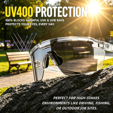 Top Shelf Photochromic Safety Glasses With UV400 Polarized Lenses displayed outdoors with clear lenses and sun glare.