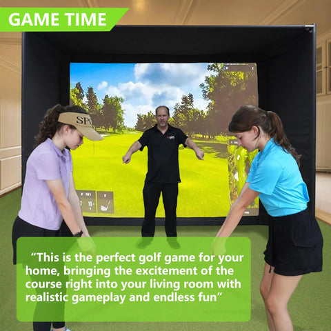 Indoor Golf Simulator Enclosure With Impact Screen For Home Or Garage, Easy Setup Golf Cage For Practice, people playing