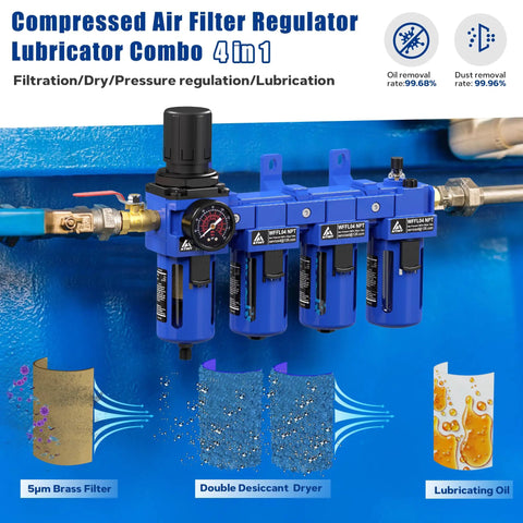 Installed All In One Half Inch NPT Air Filter Regulator Lubricator Combo With Brass Cartridge Oil Water Separator Double Desiccant 0-150 PSI Gauge