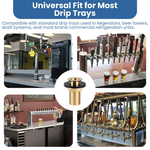 Heavy Duty Brass Drip Tray Drain Assembly With Self Draining Kit And Half Inch Outlet shown in bar setup with beer taps and drinks.