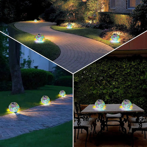 Color Changing Mosaic Solar Glass Globe Light For Garden Patio Yard Waterproof And Weatherproof LED Ball on walkway and table