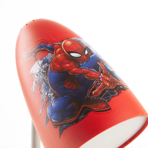 Spiderman Switch Operated LED Desk Lamp With USB Charging Outlet For Kids featuring comic graphics on red shade