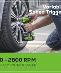 24V Brushless Half Inch Cordless Impact Wrench With 3 Speed Selector And LED Light Delivers 300 Ft Lbs Torque being used on car tire.