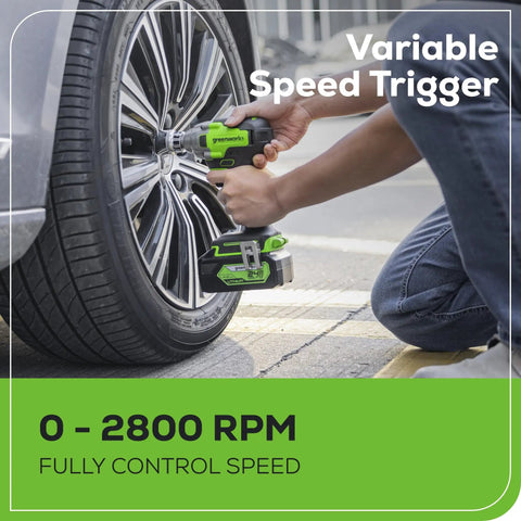 24V Brushless Half Inch Cordless Impact Wrench With 3 Speed Selector And LED Light Delivers 300 Ft Lbs Torque being used on car tire.