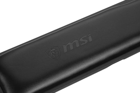Close-up of the MSI branded detachable wrist pillow for slick white mechanical gaming keyboard with sick RGB backlighting.