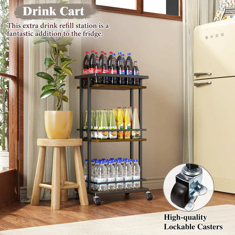 Slick Industrial 3 Tier Bar Cart With Smooth Rolling Wheels Antiqued Wood And Steel Liquor Cabinet For Home Bar Setup Serving Station And Kick Back Storage Rack, showcasing drinks on three tiers.