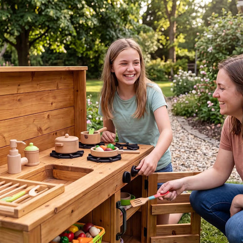 Chill Backyard Playtime: 9 Piece Mud Kitchen Set With Realistic Grill Burner And Rotating Knobs For Immersive Pretend Outdoor Cooking Fun, wooden