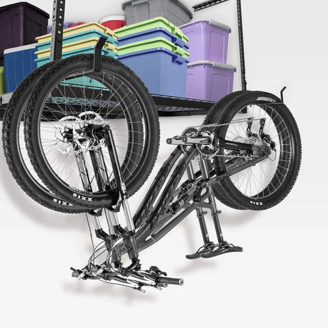 Dual Pack Garage Ceiling Rack Hooks Accessory For Ceiling Storage, Heavy Duty 35 Lbs Rated, storing bicycle with black finish
