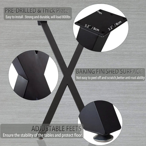 Close up of 36 Inch Metal Table Legs For Dining And Bar Tables, adjustable feet pads, rust-resistant finish, set of 2.