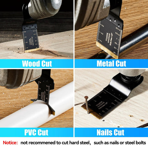 Diagtree titanium oscillating multitool blades, 20pc set for wood/metal/PVC; collage shows wood, metal, PVC cuts.