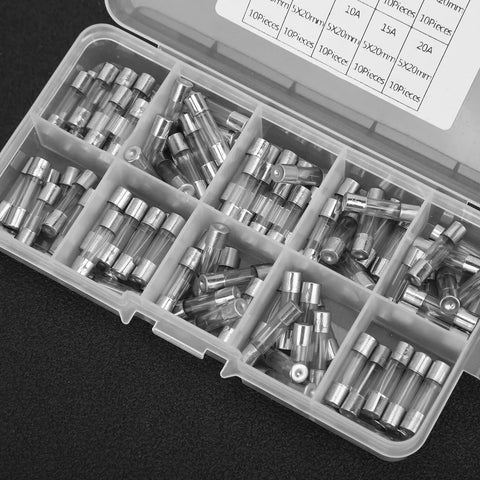 Top Shelf Glass Fuse Assortment 100 Piece Fast Blow Electrical Parts Kit showing clear glass fuses in a storage case.