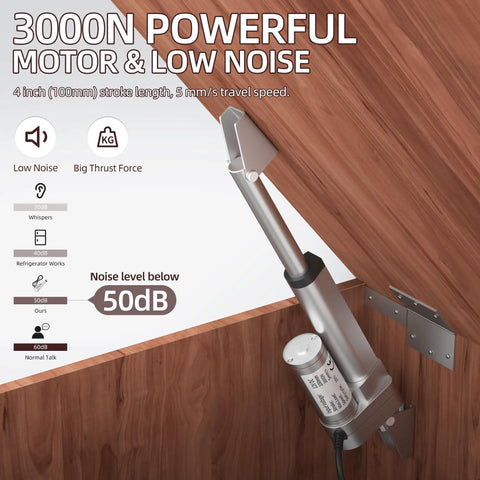 12V Beefy Heavy Duty Linear Actuator 3000N 660Lbs With 4 Inch Stroke At 5 mm/s mounted for low noise