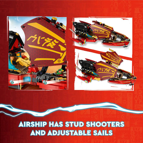 Ninjago Destiny's Bounty Race Against Time 71797 Airship Battle Set with stud shooters and adjustable sails details.