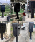 Heavy Duty Metal EV Charging Pedestal Designed For Indoor Or Outdoor Commercial Properties Featuring Secure Mechanical Lock And Key Badass Protection Slick Black Finish, various angles and locations.