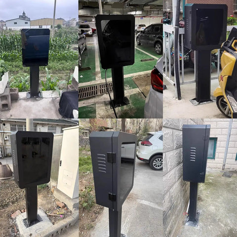 Heavy Duty Metal EV Charging Pedestal Designed For Indoor Or Outdoor Commercial Properties Featuring Secure Mechanical Lock And Key Badass Protection Slick Black Finish, various angles and locations.