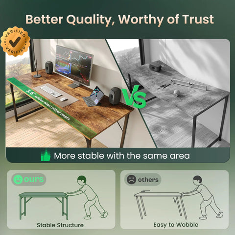 Roomy 55 Inch Home Office Desk for Gaming and Work From Home Setup, Rustic Brown Finish, comparison with stable structure