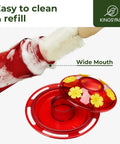 Close-up of Outdoor 10 Oz Hummingbird Feeder With Ant Moat And Bee Proof Ports, showing wide mouth for easy cleaning.