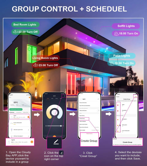 Smart home interface showing control of Six Pack 6 Inch Smart WiFi LED Recessed Lights With RGB And CCT Color Changing.