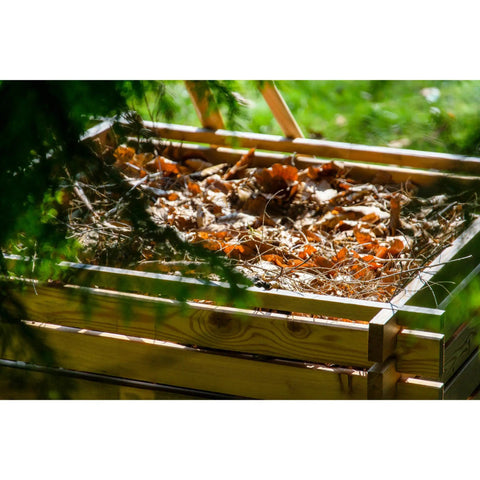 Green Label Larch Wood Composter With Plug In System, Square 79 Cm, visible composting leaves and twigs in wooden bin