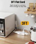 Image of 3 Ft Short Extension Cord Surge Protector Power Strip 8 In 1 beside a microwave, showcasing 4 AC outlets and 2 USB ports.