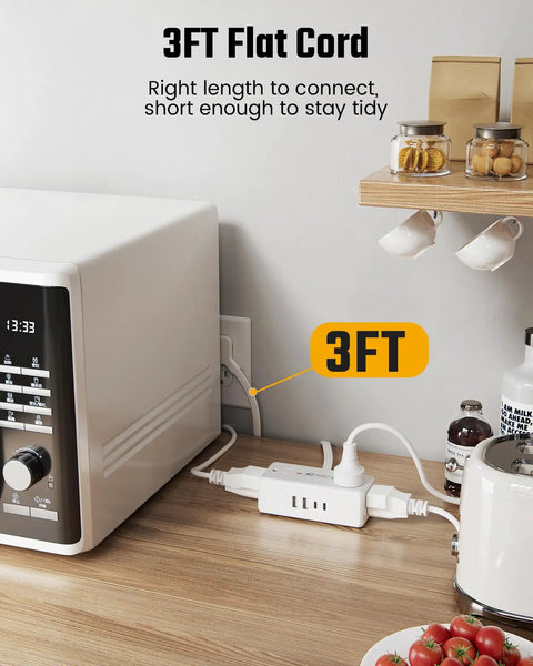 Image of 3 Ft Short Extension Cord Surge Protector Power Strip 8 In 1 beside a microwave, showcasing 4 AC outlets and 2 USB ports.
