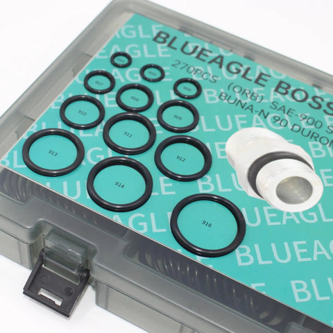 Hydraulic O Ring Kit For ORB Fittings, 270 Piece Set With 12 Common SAE 900 Series Buna N 90 Durometer O Rings, boxed view