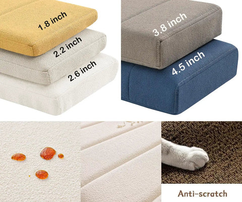 Various sizes of Bay Window Seat Cushion Pad, Custom Sized And Shaped To Fit Curved, L-Shaped Or Half Moon Benches shown