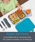Boy using lunchbox with Kids Stainless Steel Utensil Set With Fork And Spoon, Reusable PFAS Free BPA Free Case, Dinosaur Theme.