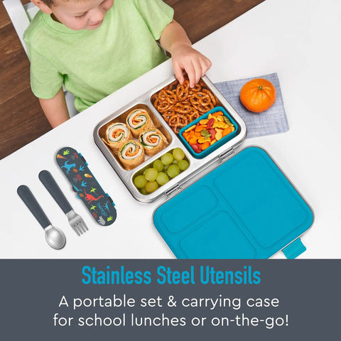 Boy using lunchbox with Kids Stainless Steel Utensil Set With Fork And Spoon, Reusable PFAS Free BPA Free Case, Dinosaur Theme.