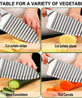 NOVANO stainless steel crinkle cutter with wavy blade; collage shows cutting potato strips, slices, cucumber, and carrot