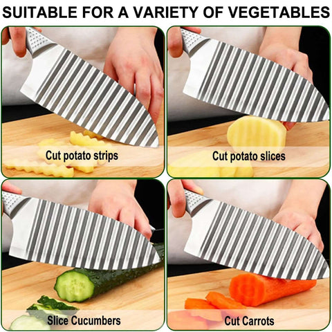 NOVANO stainless steel crinkle cutter with wavy blade; collage shows cutting potato strips, slices, cucumber, and carrot