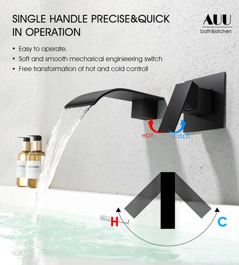 Solid Brass Wall Mount Bathtub Faucet With Single Handle Waterfall Spout in Brushed Nickel Finish, water flowing into tub.