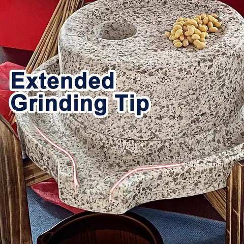 Close-up of No Fuss Manual Stone Grain Mill with hand crank, featuring granite grinding stone and beans, for dry and wet use.