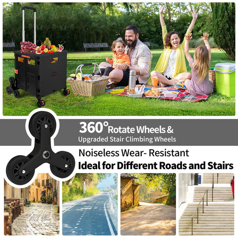 Two Pack Triangle Stair Climbing Wheels for Shopping Cart and Laundry Trolley with family picnic background, compatible with BY06C BY10C