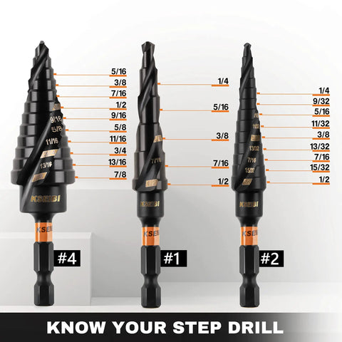 Unibit 3 Piece High Speed Steel Step Drill Bit Set For Stainless Steel Aluminum And Wood Jam Free Performance Dual Flute Design Delivers Faster Hole Times Longer Bit Life And More Holes Per Charge KSEIBI