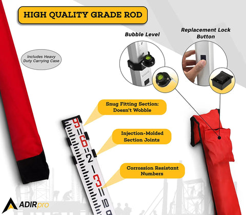 9 Foot Aluminum Telescoping Pro Grade Rod with Dual Sided 5 Section Leveling Rod, bubble level, locking clamps, red case.